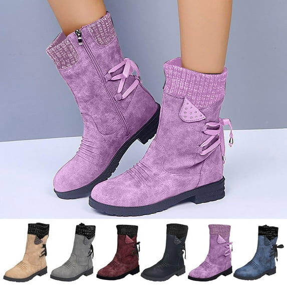 TKYCMSUAKI Fall Boots,Womens Mid-calf Snow Boots Fashion Back Strap Elastic Round Toe Square Heel Slip-On Boots Winter Outdoor Warm Casual Shoes