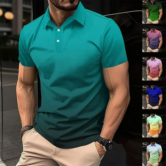 TKYCMSUAKI Golf Shirts for Men Short Sleeve Gradient Color Tennis T-Shirts Casual Buttons Lapel Tops Summer Gym Workout Muscle Tees
