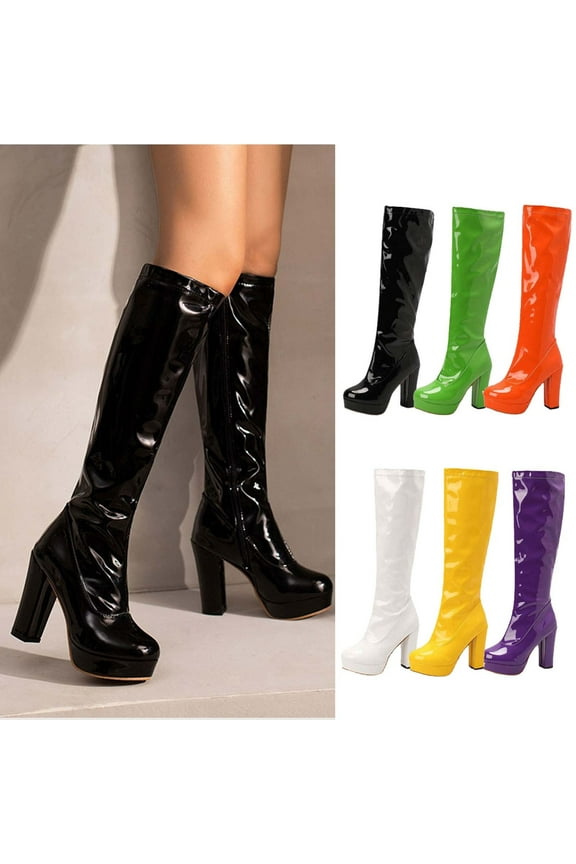 High Heel Boots,Knee High Boots for Women Gogo Boots 70s Boots,Leather Square Toe Chunky Heel Platform Dress Boots, Fashion Long Chunky Tall Gogo Boots for Fall
