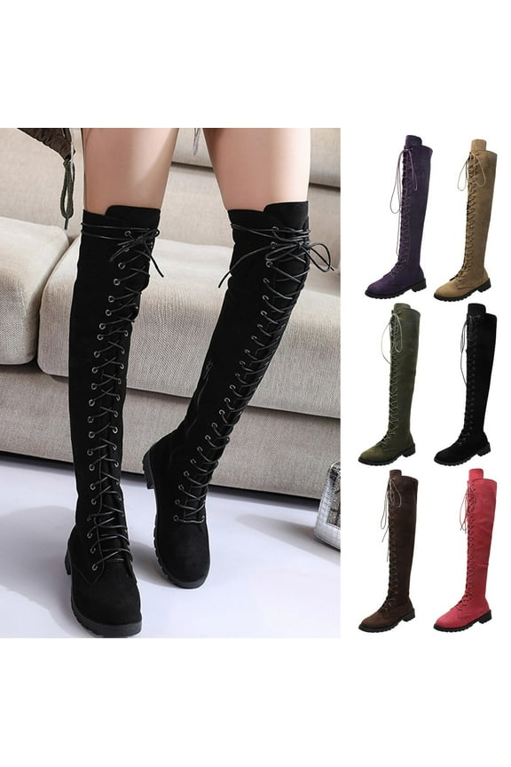 High Heel Boots,Women's Over The Knee Low Heel Lace Up Tall Boots Chunky Heel Boots Long Stretch Sexy Fall Combat Boots