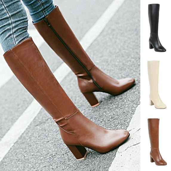 TKYCMSUAKI Hiking Boots Women,Knee High Boots for Women Gogo Boots 70s Boots,Leather Pointed Toe Chunky Knee High Platform Dress Boots, Fashion Long Chunky Tall Gogo Boots for Fall
