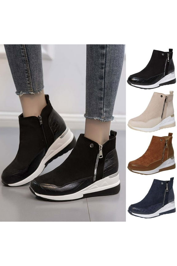 Hiking Boots Women,Women Platform Wedge Sneakers Slip On Comfort Shoes Casual Dressy Wide Low Top Zipper Fashion Slip On Short Booties Trendy Canvas Walking Shoes