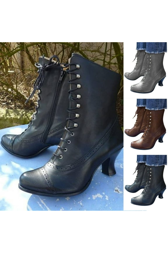 Hiking Boots Women, Women's Kitten Heels Lace Up Ankle Boots Low Mid Heeled Side Zipper Short Booties Pointed-toe Shoes
