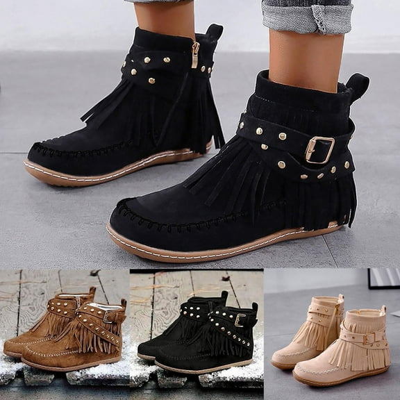 TKYCMSUAKI Knee High Boots Women,Tassel Flat Ankle Boots for Womens Suede Fringed Boot Shoes Round Toe Slip On Dressy Short Booties Western Fringe Cowboy Low Heel Bootie