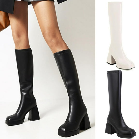 TKYCMSUAKI Leather Boots for Women,Knee High Boots for Women Gogo Boots 70s Boots,Leather Square Toe Chunky Knee High Platform Dress Boots, Fashion Long Chunky Tall Gogo Boots for Fall
