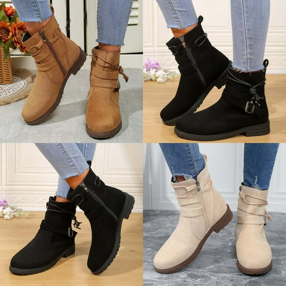 TKYCMSUAKI Leather Boots for Women,Women's Multi Strap Ankle Boots Low Heel Fashion Mid Calf Motorcycle Fashion Festival Boots Combat Riding Military Boots for Women