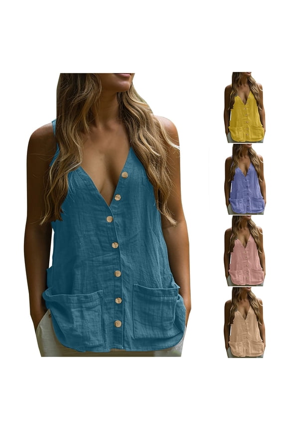 Linen Tank Tops for Women Deep V Neck Sleeveless Button Down Shirts Textured Solid Color T-Shirts Summer Casual Blouses with Pockets