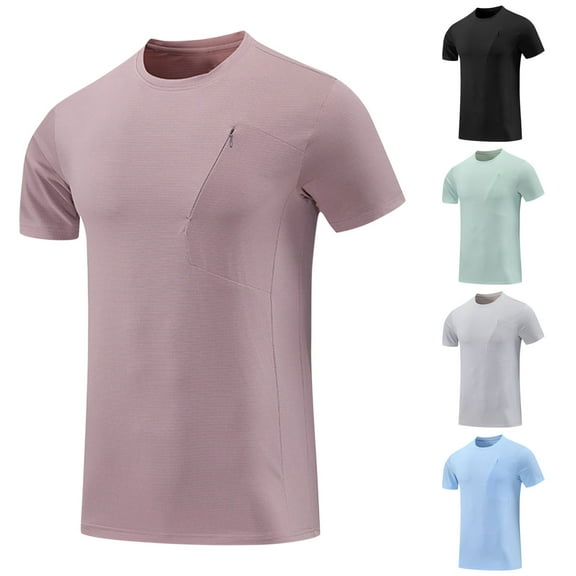 TKYCMSUAKI Man Summer T Shirts Quick Dry Short Sleeve T-Shirt Breathable Crewneck Solid Shirt Casual Sport Tee with Zipper Pocket