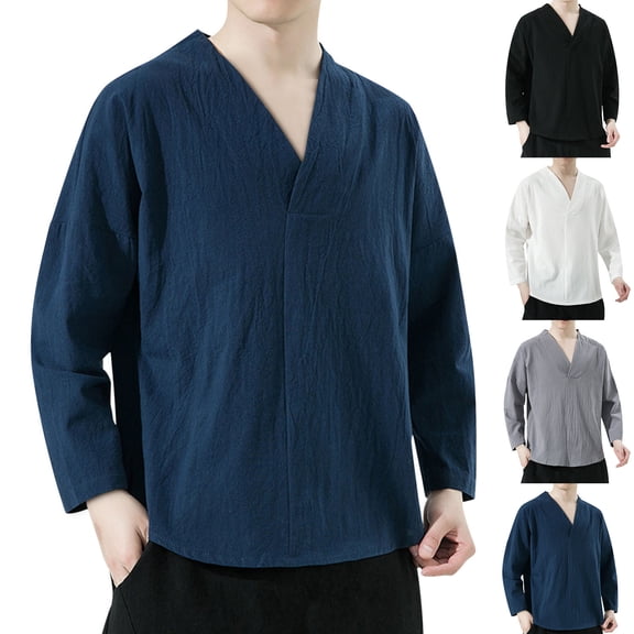 TKYCMSUAKI Men's Big and Tall Shirts Linen Wrap V Neck T-Shirt 3/4 Sleeve Solid Shirt Summer Beach Holiday Yoga Tops