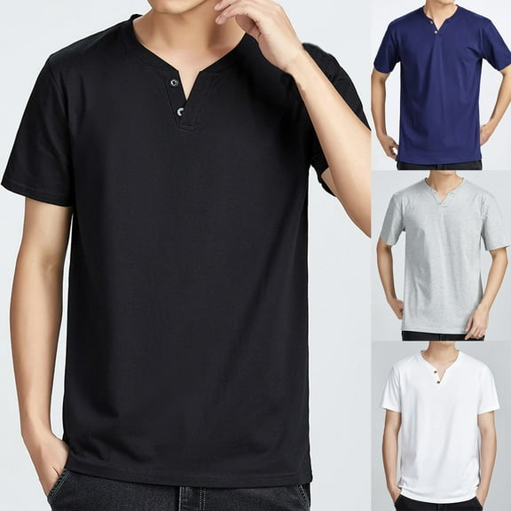 TKYCMSUAKI Men's Henley Shirts Cotton Short Sleeve V-Neck Button Tshirt Soft Breathable Solid Color Shirt Casual Loose Fit Tee