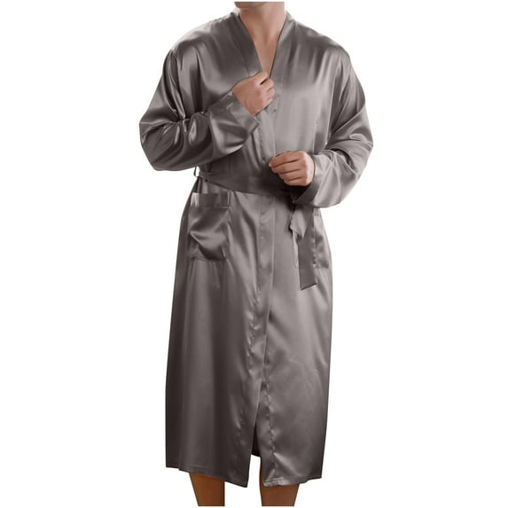 TKYCMSUAKI Men's Satin Robe Lightweight Long Sleeve Silk Kimono Bathrobe Cozy Lace-up Long Pajama Robe