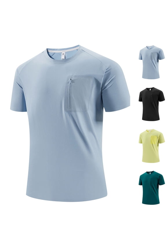 Mens Athletic Shirt Short Sleeve Crewneck Tshirt with Zipper Pocket Fashion Solid Color Tops Summer Running Sports T-Shirts