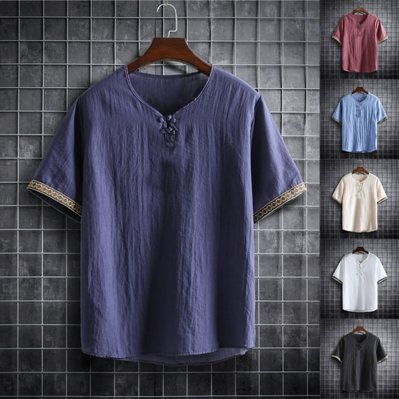 TKYCMSUAKI Mens Boho Cotton Linen Shirt Short Sleeve Ethnic Style T-Shirts Vintage V Neck Shirts Summer Casual Beach Yoga Tops