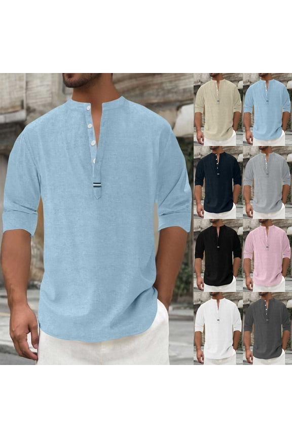 Mens Cotton Linen Henley Shirts Sun Protection Long Sleeve Buttons Shirt Lightweight Comfy Pullover Top Summer Beach T-Shirt