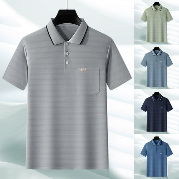 TKYCMSUAKI Mens Golf Shirt Ice Silk Short Sleeve Stripe T-Shirt Quick Dry Breathable Solid Color Tennis Shirts Summer Sports Tee with Pocket