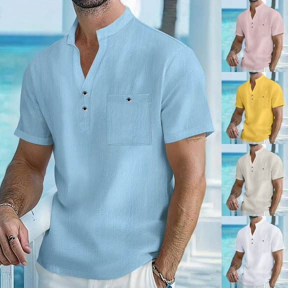 TKYCMSUAKI Mens Henley Shirts Cotton Linen Short Sleeve Button T-Shirts Trendy V Neck Solid Color Tops Summer Casual Tees with Pocket