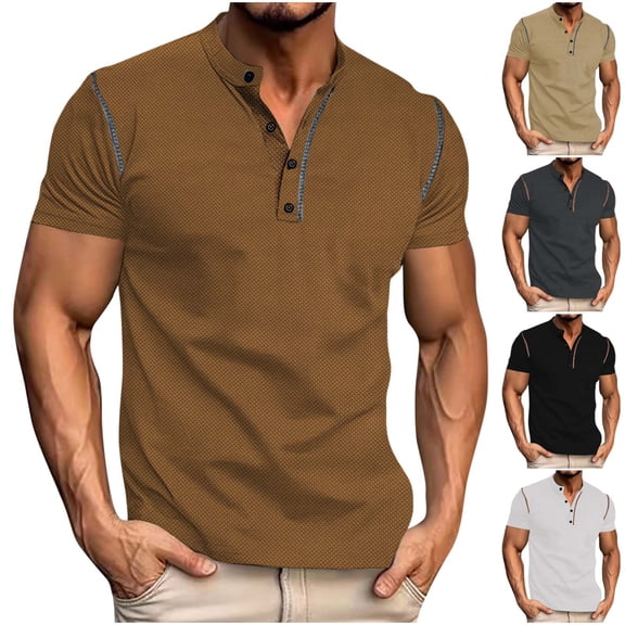 TKYCMSUAKI Mens Henley Shirts Vintage Short Sleeve Solid Color Tshirt Trendy Stand Collar Slim Fit Pullover Tee Summer Outdoor Muscle T Shirt