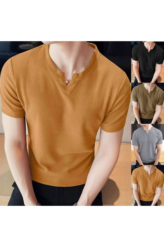 Mens Henley T-Shirts Ribbed Knitting Short Sleeve V Neck Shirts Comfy Solid Color Basic T Shirt Summer Going Out Work Tees