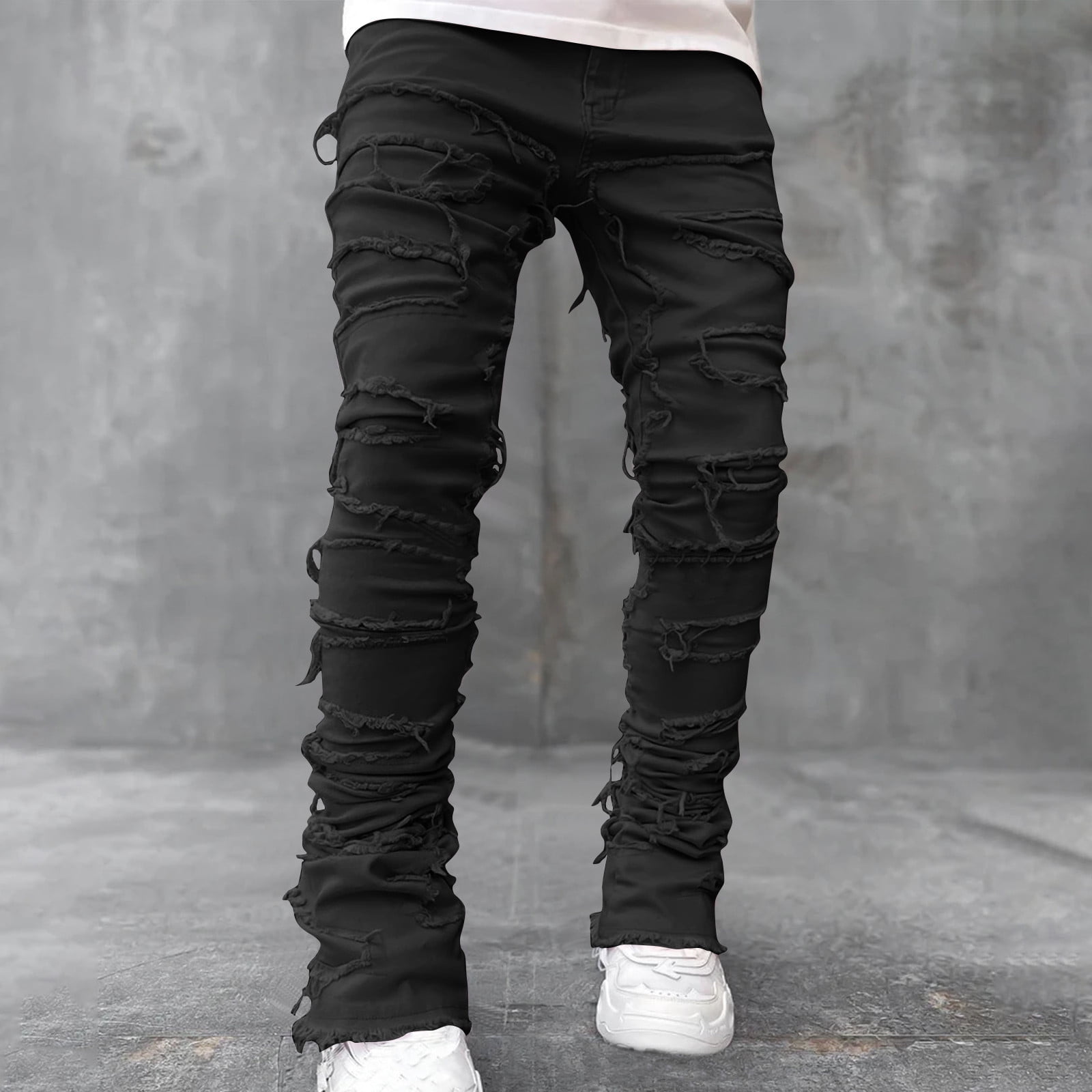 TKYCMSUAKI Mens Stretchy Jeans Ripped Stacked Denim Pants,Men's