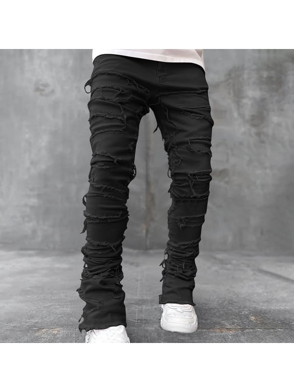 Mens Stretchy Jeans Ripped Stacked Denim Pants,Men's Streetwear Jeans Y2K Hip Hop Jeans Casual High Waisted Slimming Leg Distressed Harajuku Denim Pants