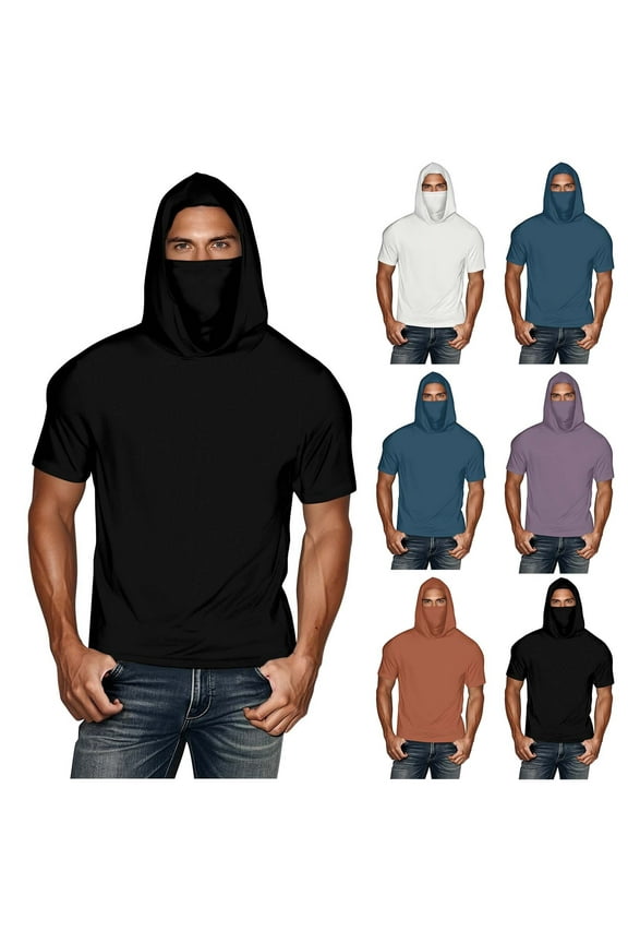 Mens Sun Shirts Big and Tall UPF 50+ Short Sleeve T-Shirts with Face Mask UV Protection Ice Silk Hooded Shirt Summer Outdoor Tee