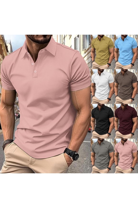 Mens Waffle Golf Shirts Short Sleeve Lapel Button Tennis Shirt Fashion Solid Color Textured T-Shirts Summer Going Out Tops