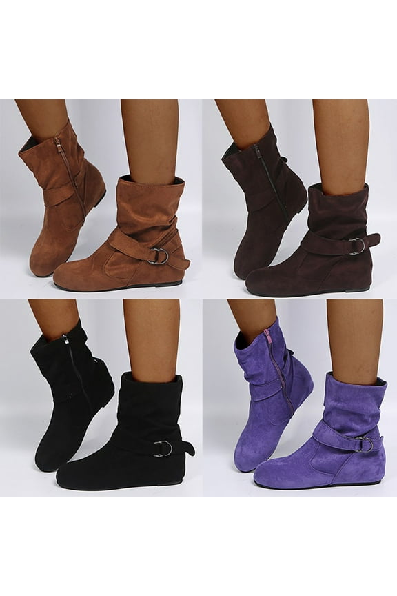 Mid Calf Boots for Women,Women's Mid Calf Combat Riding Fashion Winter Boots Buckle Strap Side Zipper Casual Round Toe Short Booties Fall Winter Inner Square Heel Ladies Shoes