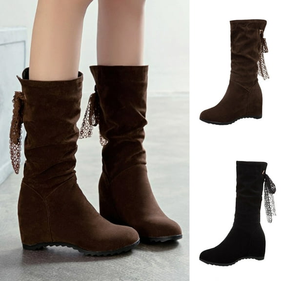 TKYCMSUAKI Mid Calf Boots for Women, Women's Slouchy High Heel Boots Lace Mid Calf Suede Slip on Wedge High Heels Platform Tassel Dress Shoes for Ladies