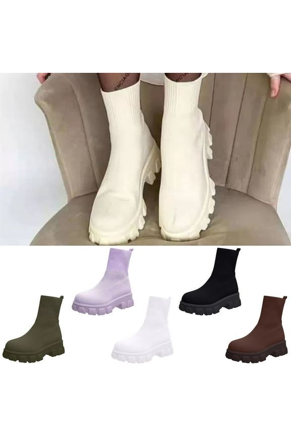Mid Calf Boots for Women,Women's Platform Ankle Knit Boots Elastic Chunky Heel Sole Booties Slip On Sock Booties Shoes