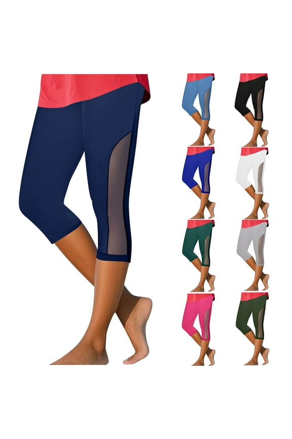 Plus Size Capri Pants for Women Comfy High Waisted Sheer Mesh Cropped Trousers Casual Solid Color Slim Fit Leggings with Pockets
