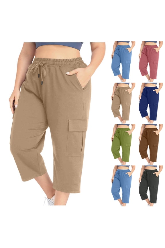 Plus Size Capris Pants for Women High Waisted Drawstring Solid Cargo Pant Dressy Casual Travel Cropped Trousers with Pockets