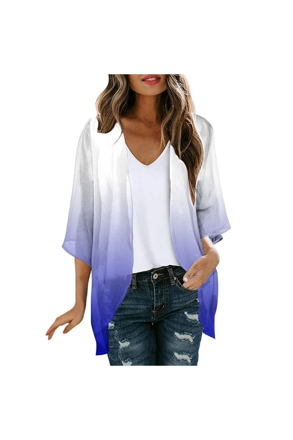 Plus Size Clearance 3/4 Sleeve Cardigan for Women Plus Size Open Front Kimono Tie Dye Chiffon Swimsuit Cover Up Tops