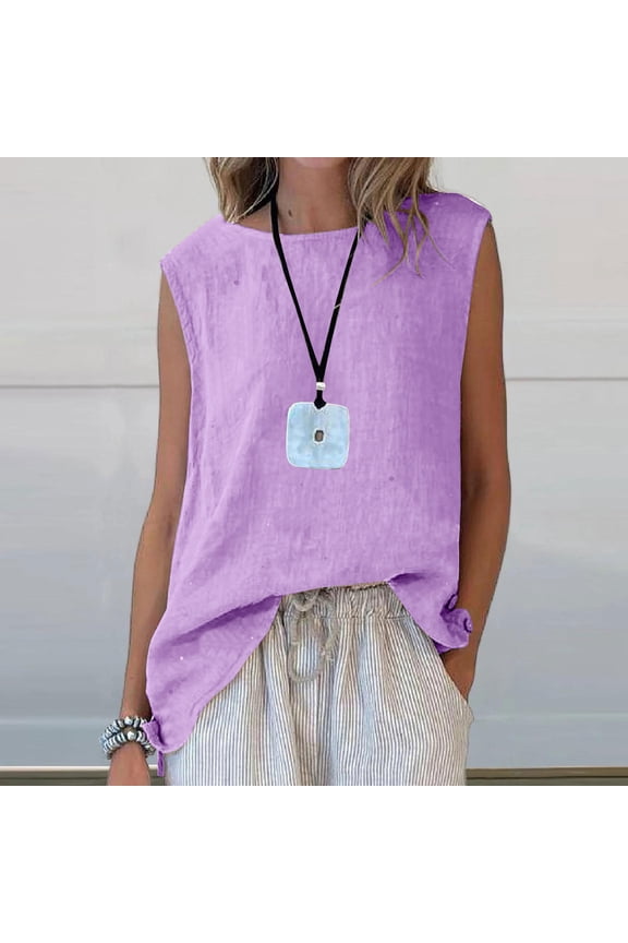 Plus Size Cotton Linen Tank Tops for Women Round Neck Sleeveless Solid Color Shirts Loose Fit Textured Tunic Top Summer Tee