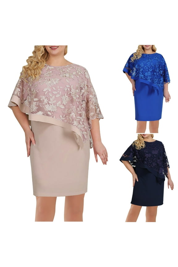 Plus Size Dresses for Women Trendy Lace Patchwork Midi Dress Wedding Guest Mother Bride Semi Formal Dresses