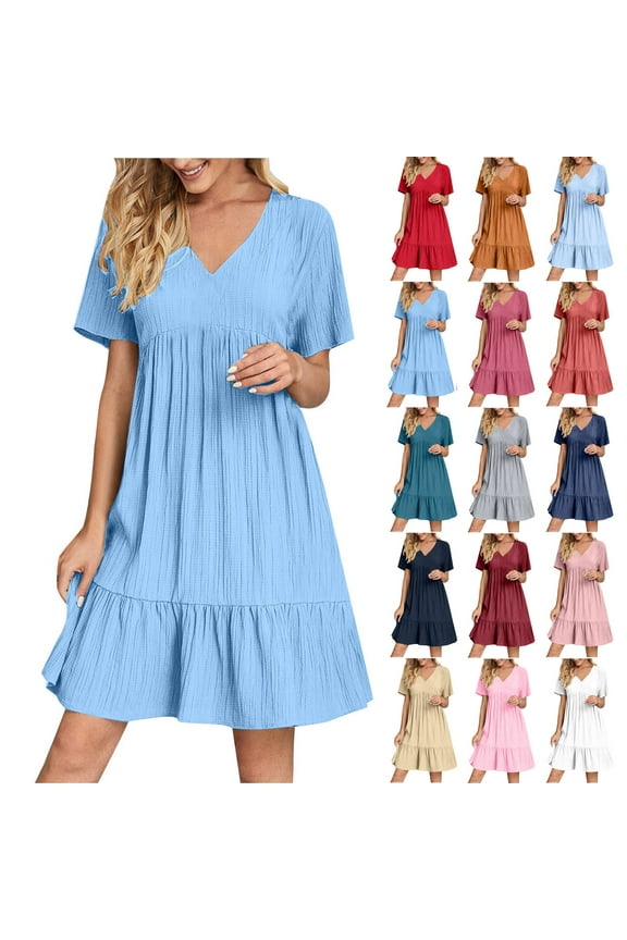 Plus Size Dresses for Women V Neck Short Sleeve Mini Dress Trendy Tiered A-Line Sundress Summer Vacation Solid Beach Dress
