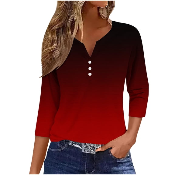 TKYCMSUAKI Plus Size Henley Shirts for Women 3/4 Sleeve V Neck Tees Casual Gradient Color Tops Spring Summer Party Clothing