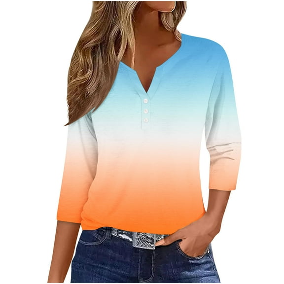 TKYCMSUAKI Plus Size Henley Shirts for Women 3/4 Sleeve V Neck Tees Casual Gradient Color Tops Spring Summer Party Clothing