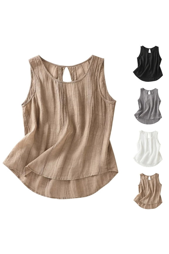 Plus Size Linen Tank Tops for Women Textured Crewneck Sleeveless Shirts Hollow Out Solid Color T-Shirts Summer Casual Basic Tee