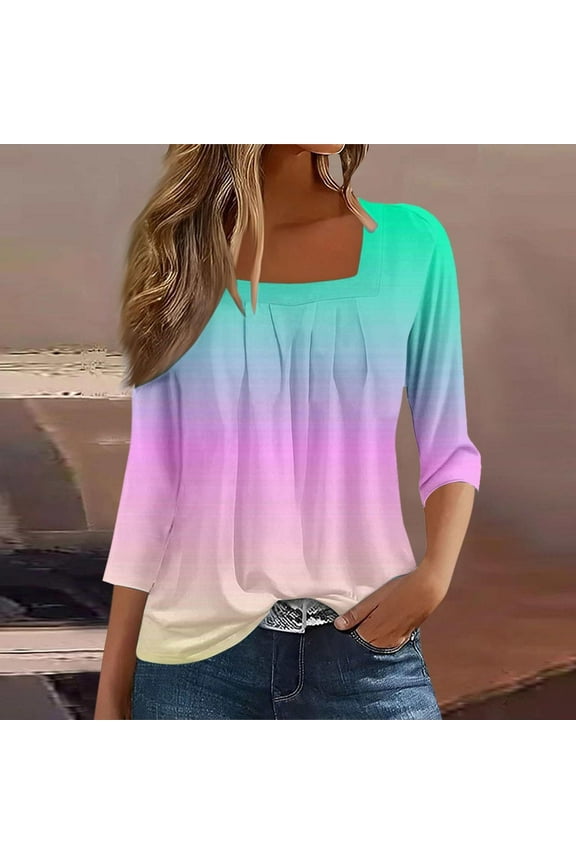 Plus Size Shirts for Women Pleated 3/4 Sleeve Square Neck Blouses Casual Gradient T-Shirts Summer Basic Tees