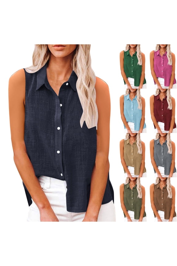 Plus Size Tank Tops for Women Cotton Linen Lapel Button Down Sleeveless Shirts Textured Solid Color Blouses Oversized Loose Fit Tunic Top