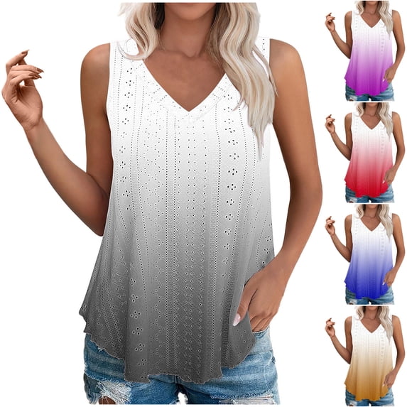 TKYCMSUAKI Plus Size Tank Tops for Women Fashion Eyelet Sleeveless V Neck Shirts Textured Gradient Color T-Shirts Summer Casual Tee for Everyday