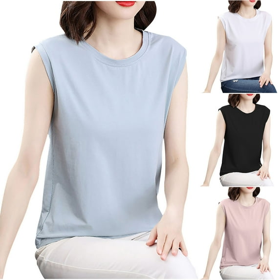 TKYCMSUAKI Plus Size Tank Tops for Women Round Neck Sleeveless Shirts Solid Color Basic T-Shirts Summer Going Out Holiday Tee