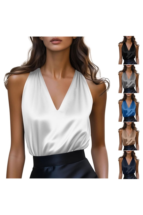 Plus Size Tank Tops for Women Satin V Neck Sleeveless Shirts Oversized Loose Fit Tunic Top Summer Solid Color Casual Tee