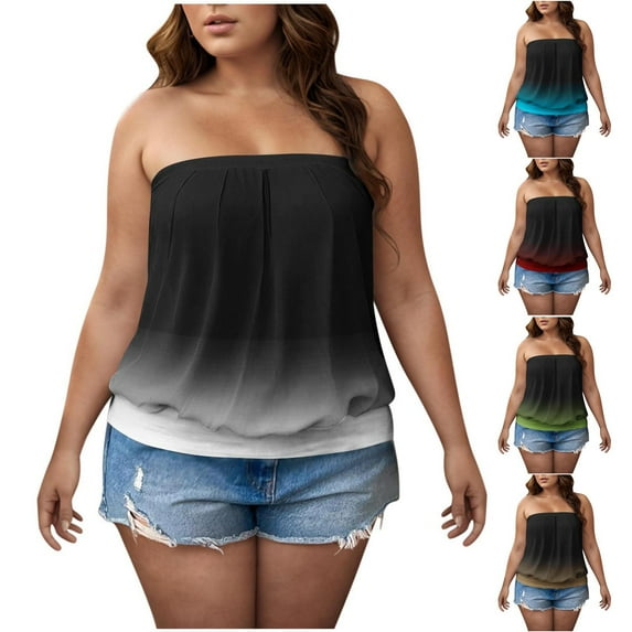TKYCMSUAKI Plus Size Tube Tank Tops for Women Gradient Color Strapless Sleeveless Shirts Loose Fit Tunic Top Oversized Soft Comfy Tee