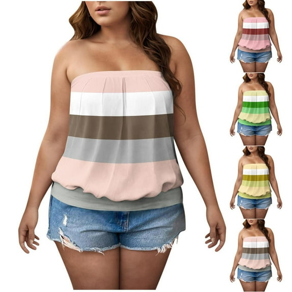 TKYCMSUAKI Plus Size Tube Tops for Women Striped Color Block Sleeveless Strapless Shirts Loose Fit Tunic Top Oversized Beach Vacation Blouses