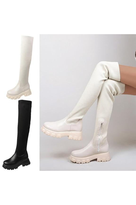 Rain Boots Women,Knee High Boots for Women Gogo Boots 70s Boots,Leather Square Toe Chunky Knee High Platform Dress Boots, Fashion Long Chunky Tall Gogo Boots for Fall