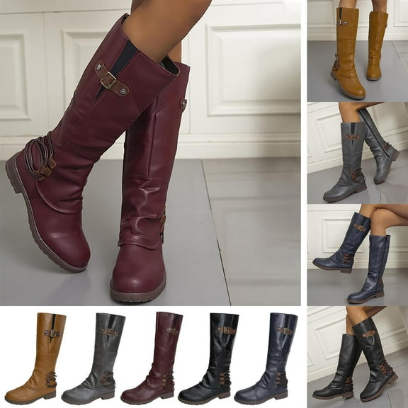 TKYCMSUAKI Rain Boots Women,Women's Chunky Low Heels Boots Knee High Winter Boots Comfortable Pull On Zipper Chunky Heel Western Cowgirl Knee High Gogo Boots