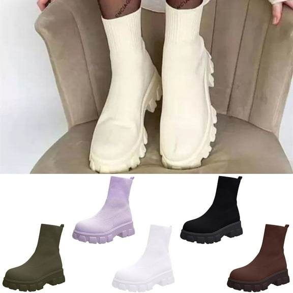 TKYCMSUAKI Rain Boots Women,Women's Platform Ankle Knit Boots Elastic Chunky Heel Lug Sole Booties Slip On Sock Booties Shoes