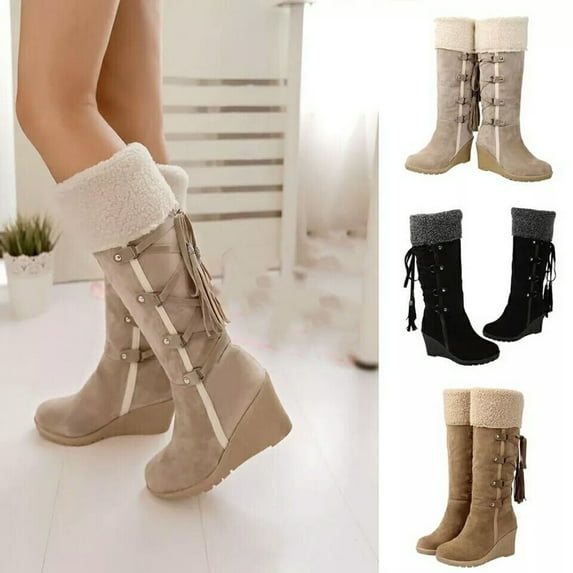 TKYCMSUAKI Rain Boots Women, Women's Wedge Boots Winter Snow Boots with Fur Liner Wide Calf Cowgirl Slip On Western Boots Knee High Shoes