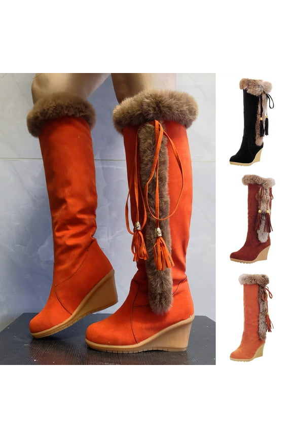 Rain Boots Women,Women’s Wedge Long Boots Strappy Knee High Winter Boots Winter Lace Up Riding Low Heel Slip On Warm Ankle Boots Block Heel Winter Boots